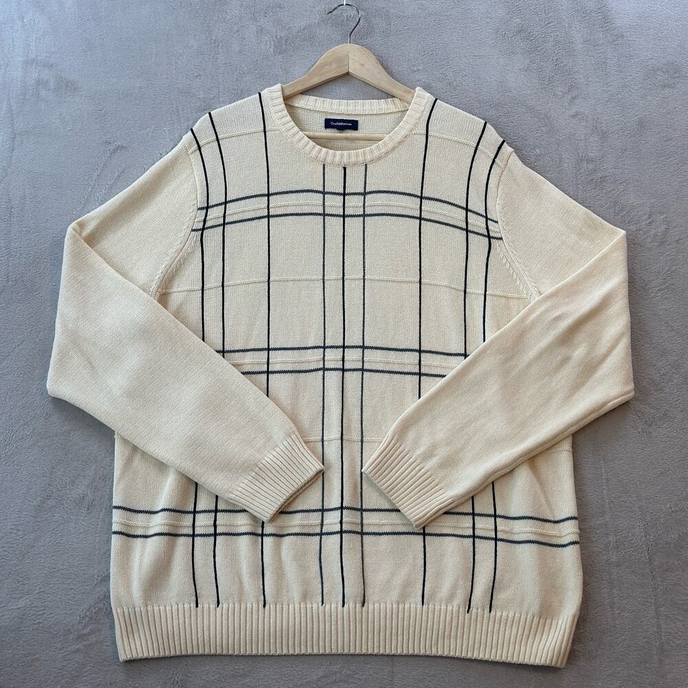 Vintage Grandpa Sweater Men’s XXL White Crewneck Knit Geometric Striped Pullover